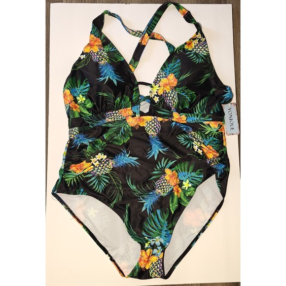 Yonique Deep V Neck Plus Size One Piece Swimsuit For Women-Black Pineapple Sz 18 - Picture 1 of 5